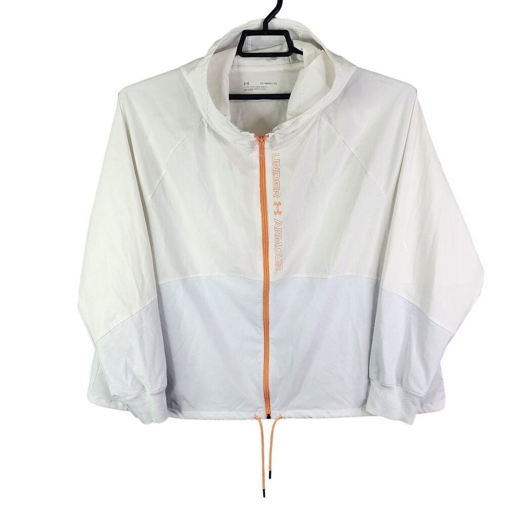 Womens White Under Armour Hooded Jacket Windbreaker Loose Fit Full Zip Size 1X